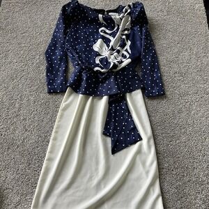 Vintage Toni Todd Dress Womens 10 Blue Polka Dot Peplum Bow Satin Long Formal